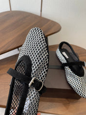 ALAIA 26S MESH FLATS IN BLACK SUEDE AND WHITE RHINESTONE-EMBELLISHED