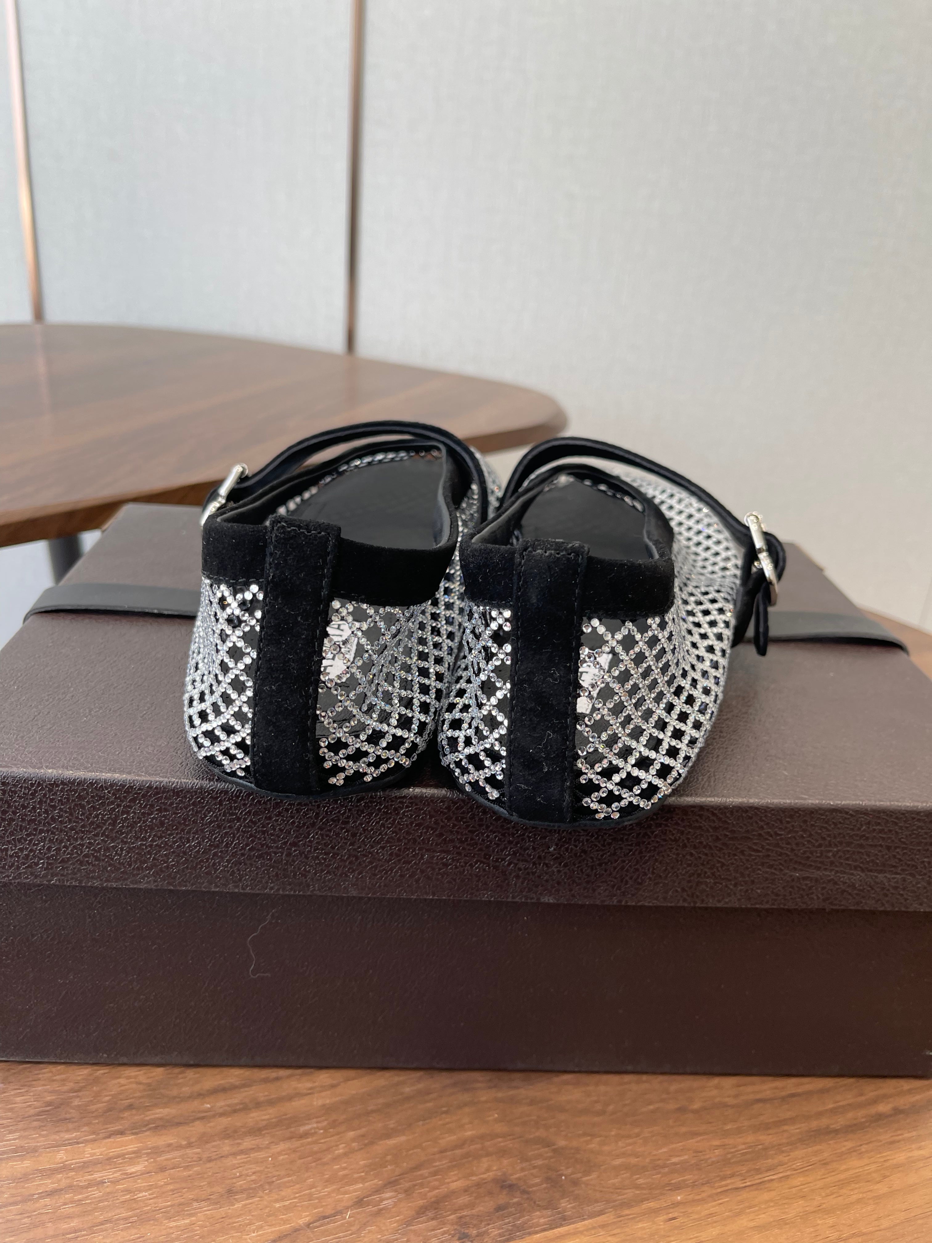 ALAIA 26S MESH FLATS IN BLACK SUEDE AND WHITE RHINESTONE-EMBELLISHED