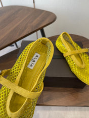 ALAIA 26S MESH FLATS IN DARK YELLOW SUEDE RHINESTONE-EMBELLISHED