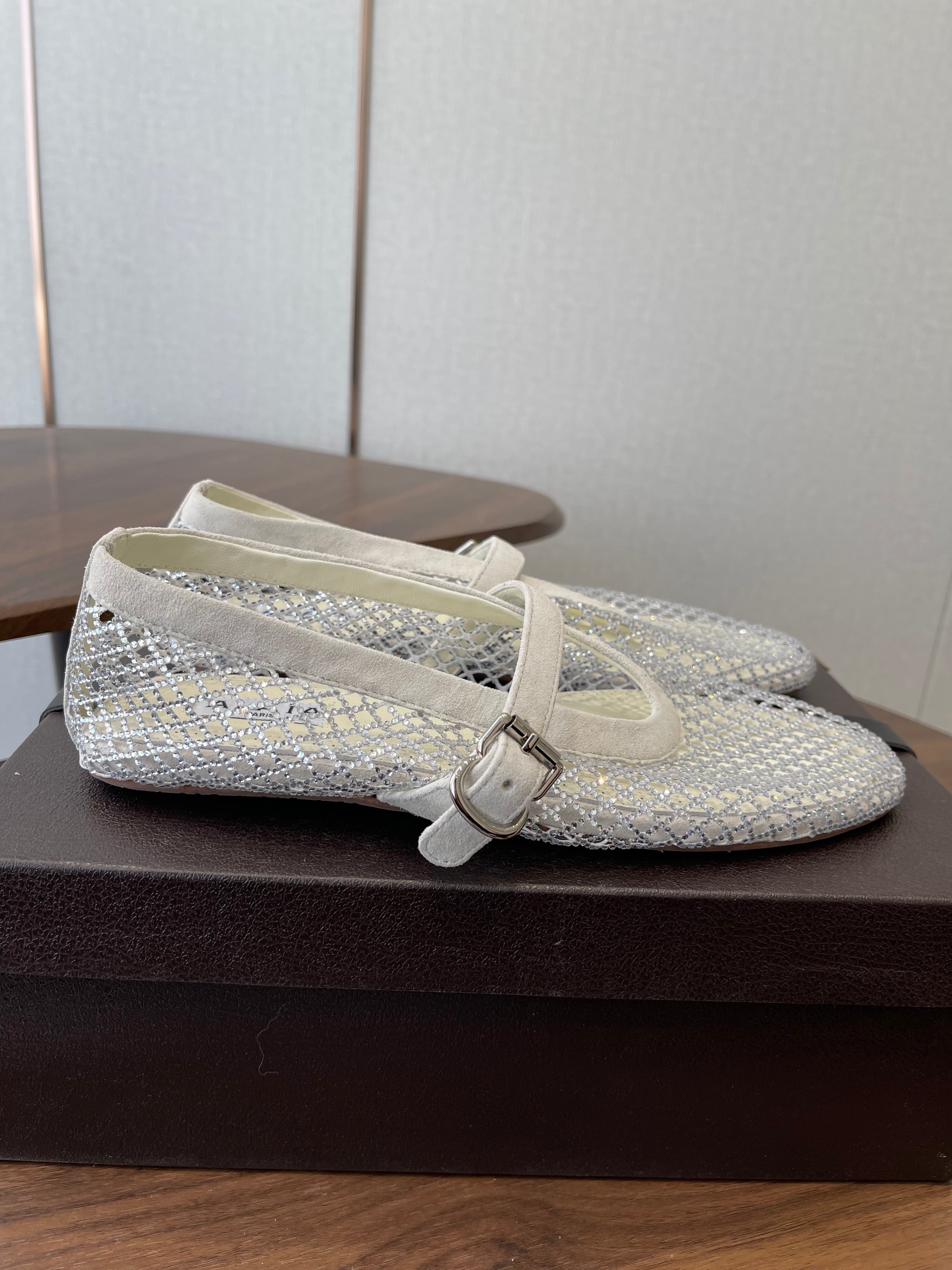 ALAIA 26S MESH FLATS IN WHITE SUEDE RHINESTONE-EMBELLISHED