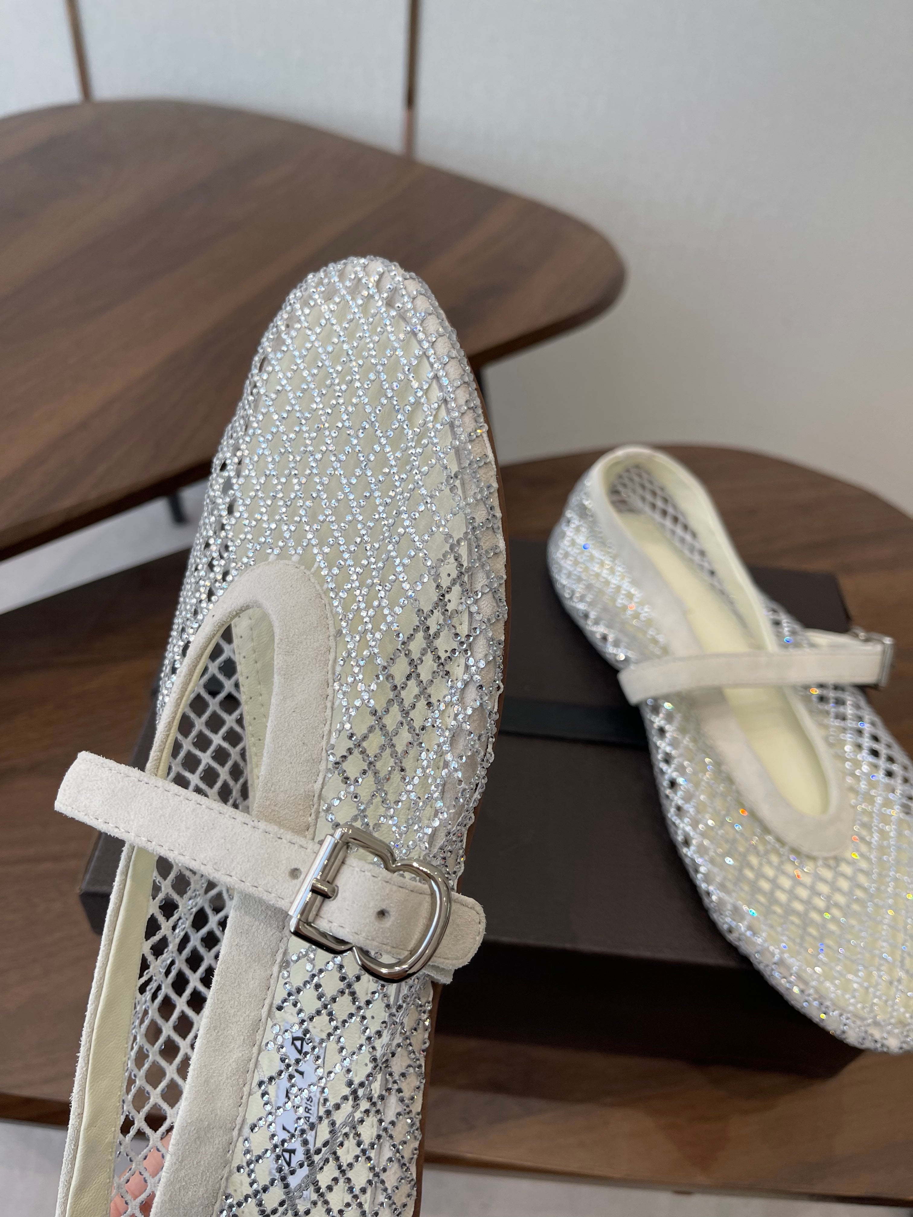 ALAIA 26S MESH FLATS IN WHITE SUEDE RHINESTONE-EMBELLISHED