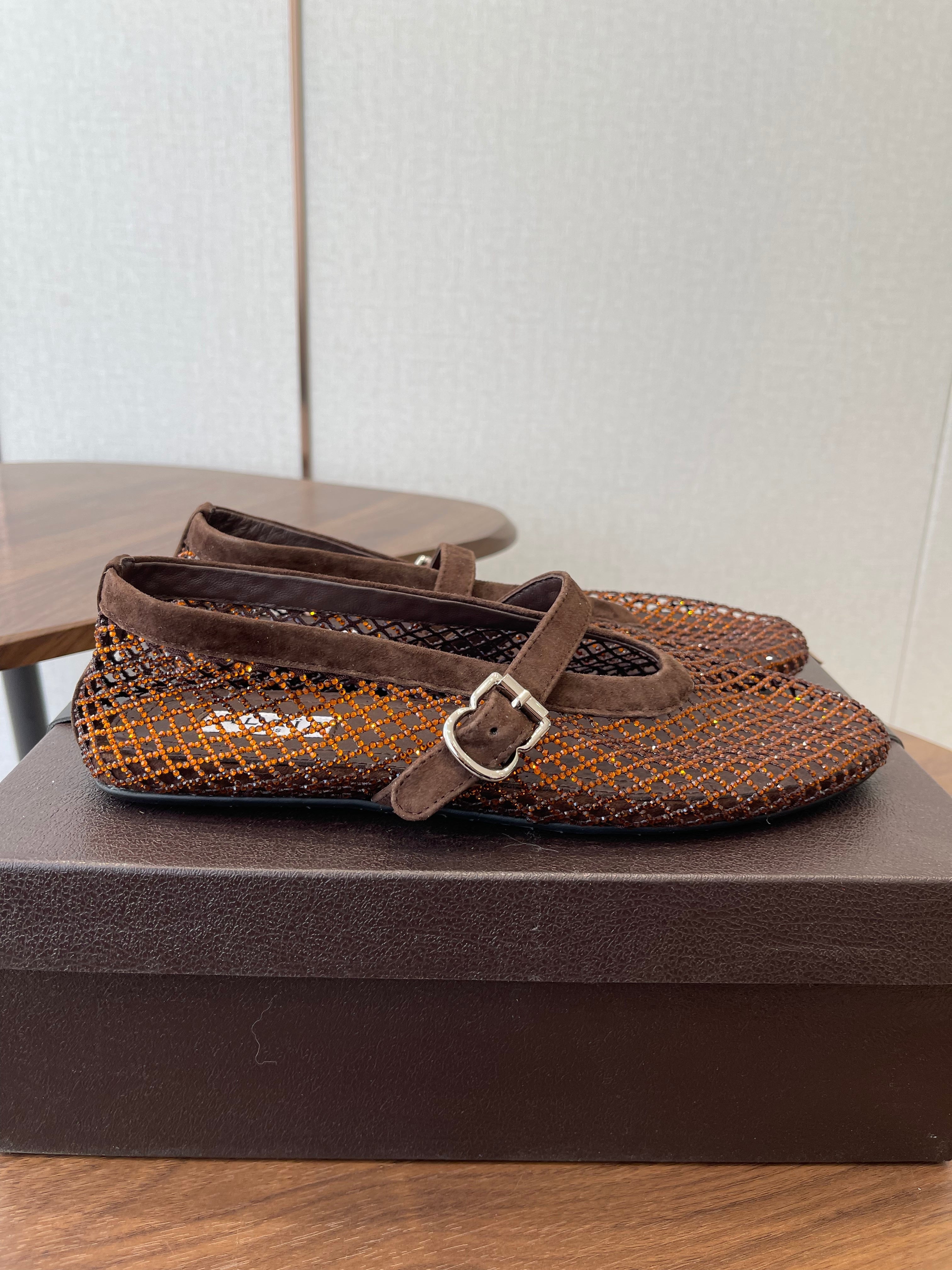 ALAIA 26S MESH FLATS IN DARK BROWN SUEDE RHINESTONE-EMBELLISHED