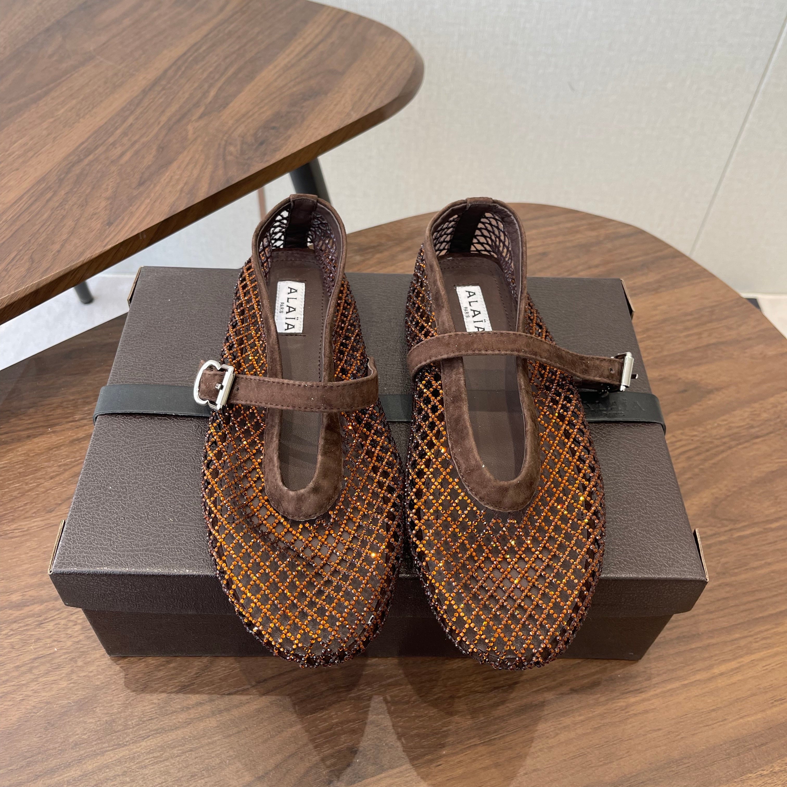 ALAIA 26S MESH FLATS IN DARK BROWN SUEDE RHINESTONE-EMBELLISHED