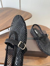 ALAIA 26S MESH FLATS IN BLACK SUEDE RHINESTONE-EMBELLISHED