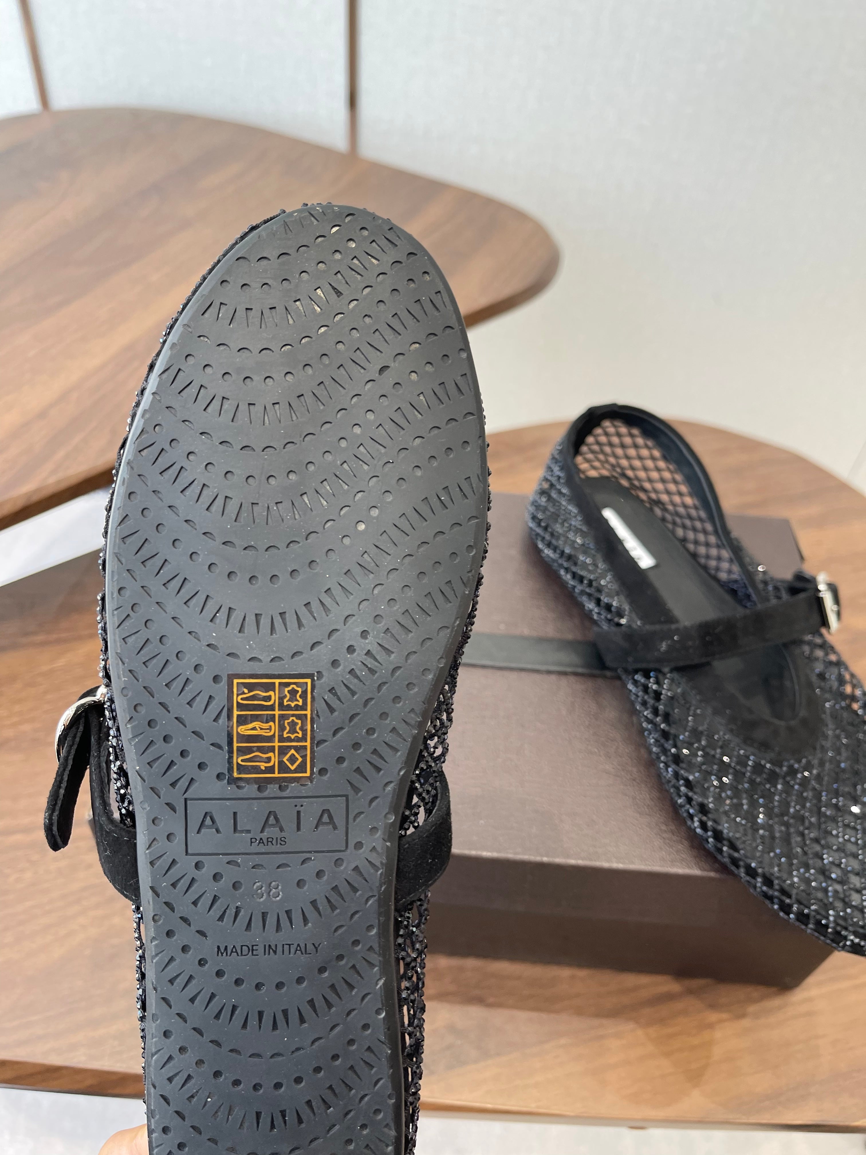 ALAIA 26S MESH FLATS IN BLACK SUEDE RHINESTONE-EMBELLISHED