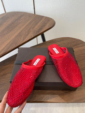 ALAIA 26S FLAT MULES IN RED SUEDE AND MESH RHINESTONE-EMBELLISHED