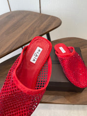 ALAIA 26S FLAT MULES IN RED SUEDE AND MESH RHINESTONE-EMBELLISHED