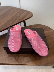 ALAIA 26S FLAT MULES IN PINK SUEDE AND MESH RHINESTONE-EMBELLISHED