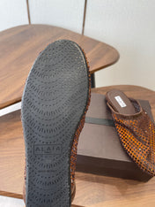 ALAIA 26S FLAT MULES IN DARK BROWN SUEDE AND MESH RHINESTONE-EMBELLISHED