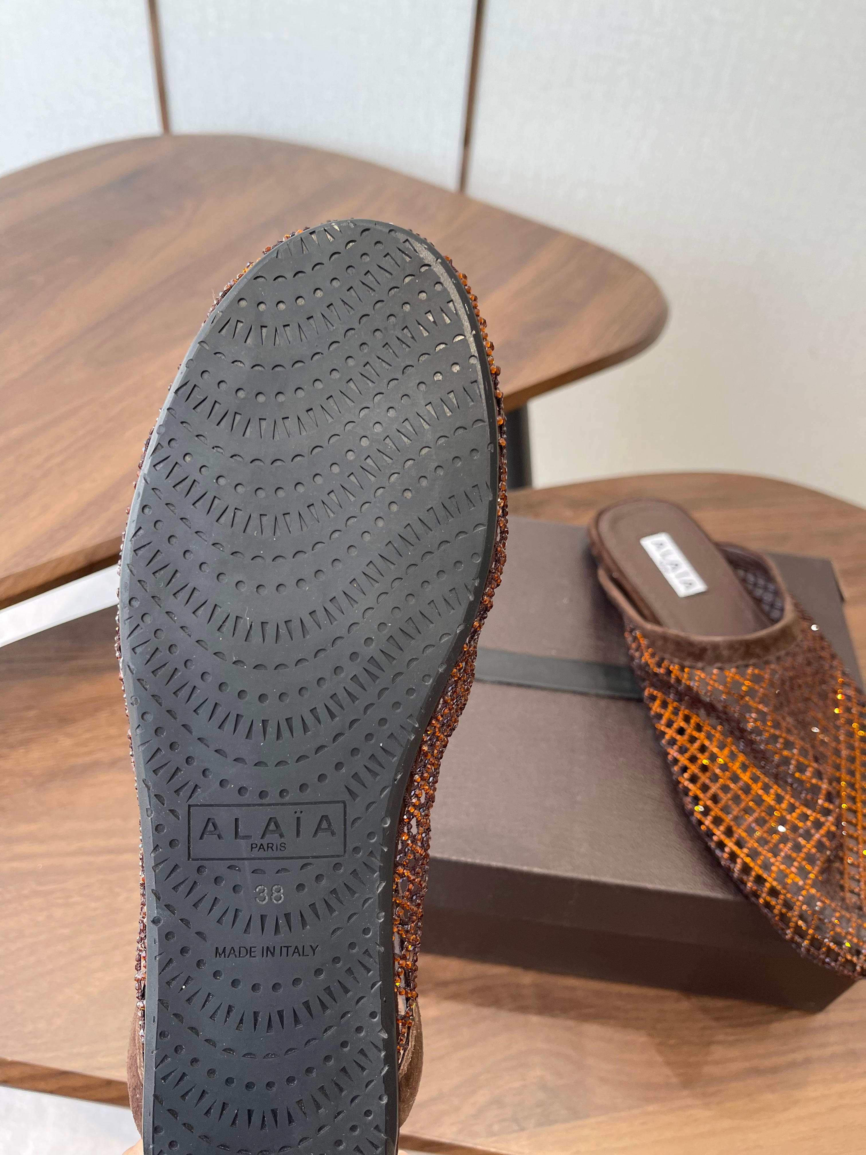 ALAIA 26S FLAT MULES IN DARK BROWN SUEDE AND MESH RHINESTONE-EMBELLISHED