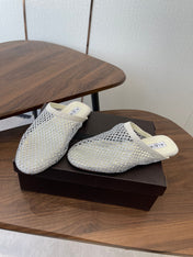 ALAIA 26S FLAT MULES IN CREAM WHITE SUEDE AND MESH RHINESTONE-EMBELLISHED