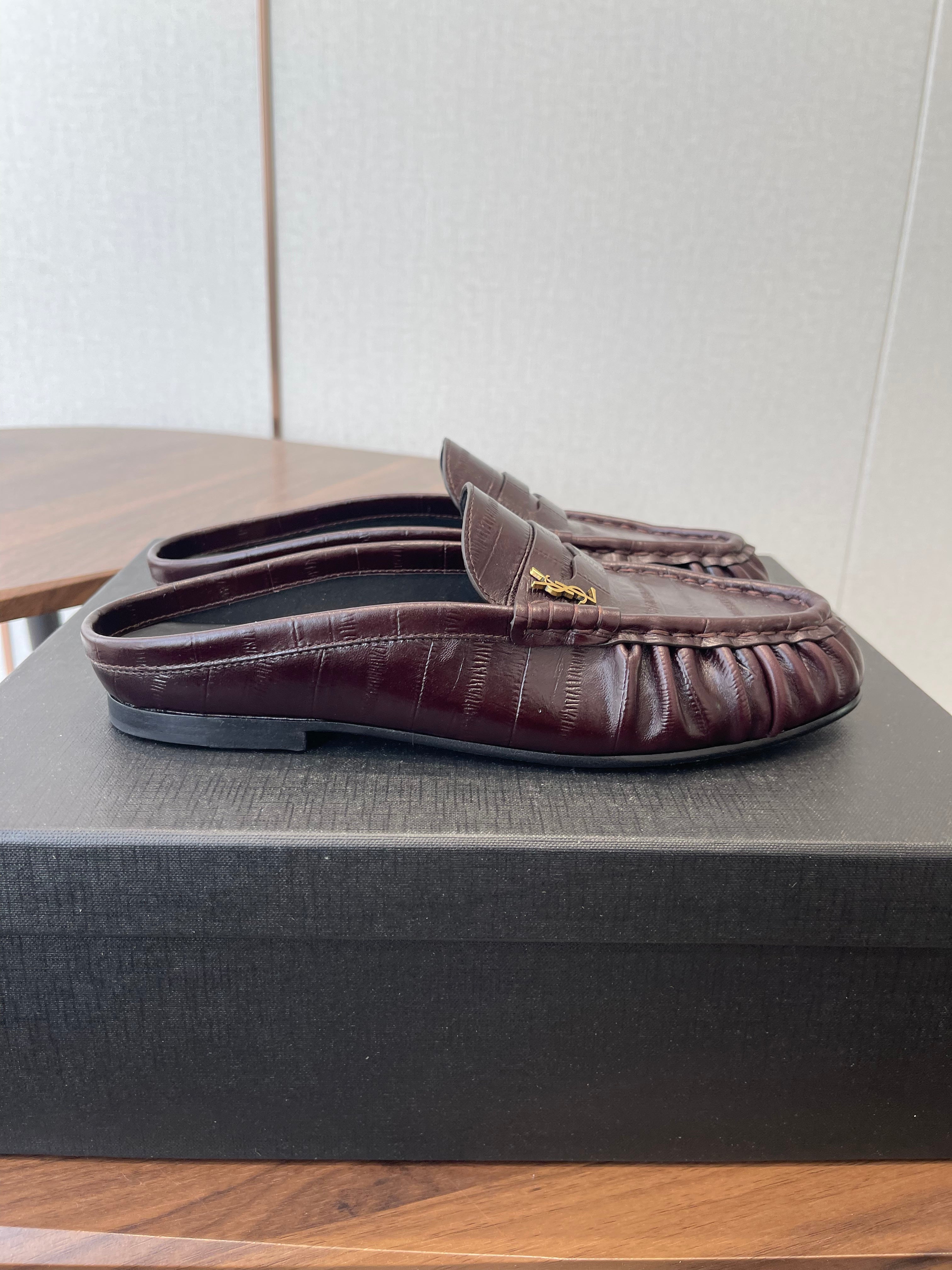 YSL 26S LOAFER MULES IN DARK RED BROWN CALFSKIN