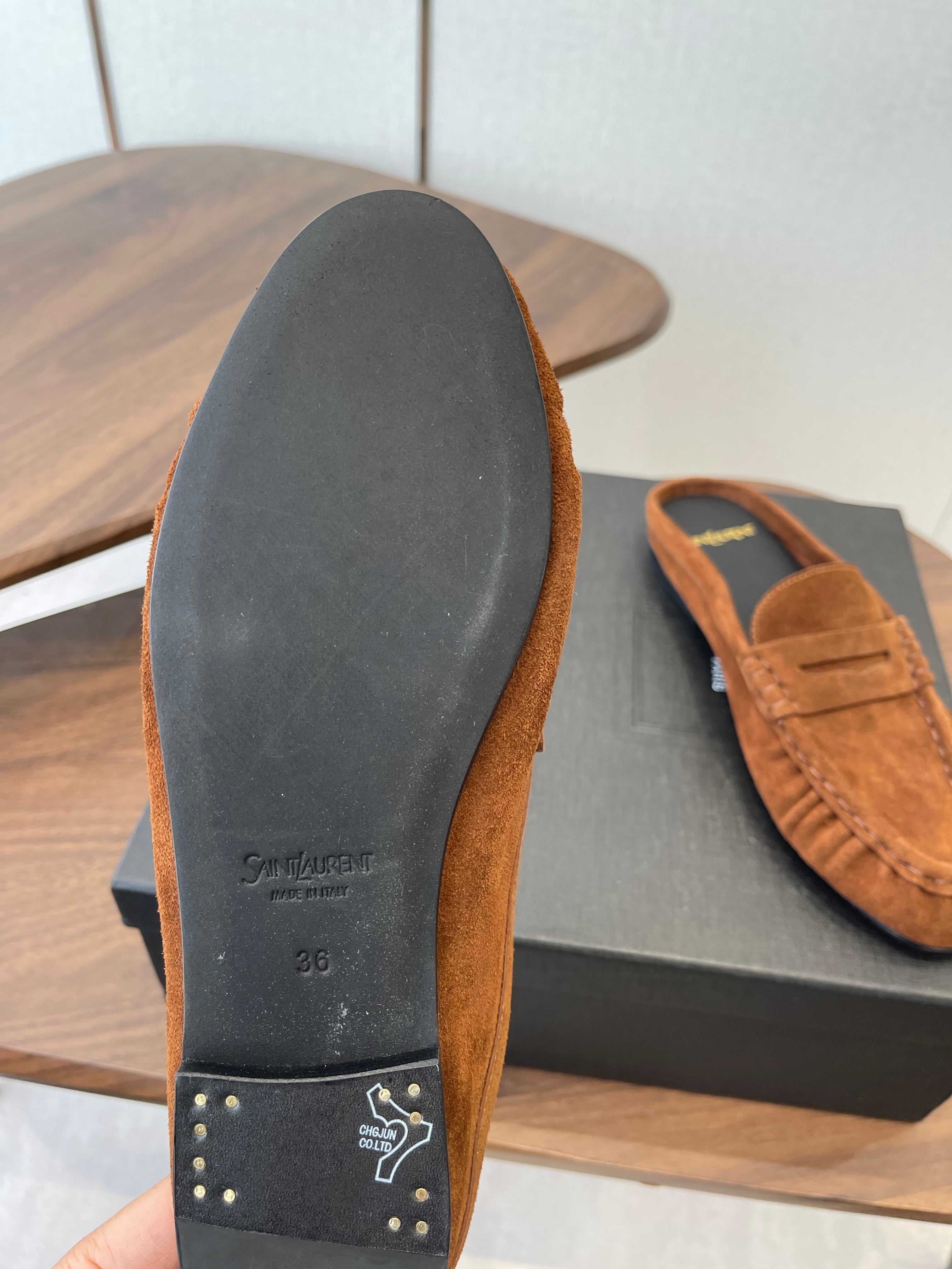 YSL 26S LOAFER MULES IN BURNT ORANGE BROWN SUEDE