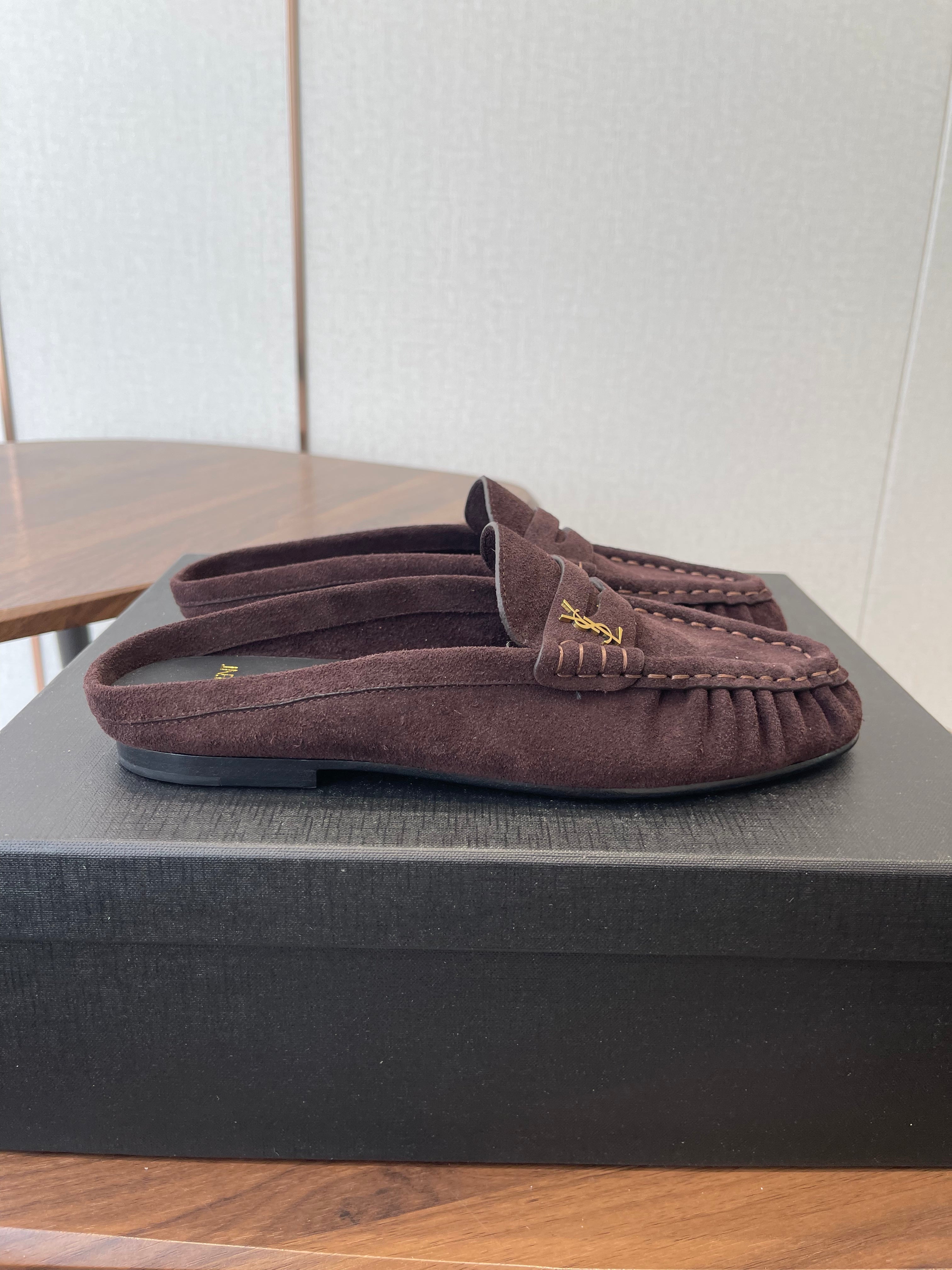 YSL 26S LOAFER MULES IN DARK PLUM BROWN SUEDE
