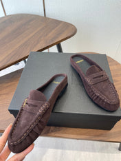 YSL 26S LOAFER MULES IN DARK PLUM BROWN SUEDE