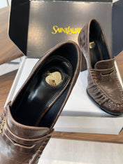 YSL 26S HEELED LOAFERS 100 MM IN DARK BROWN CALFSKIN