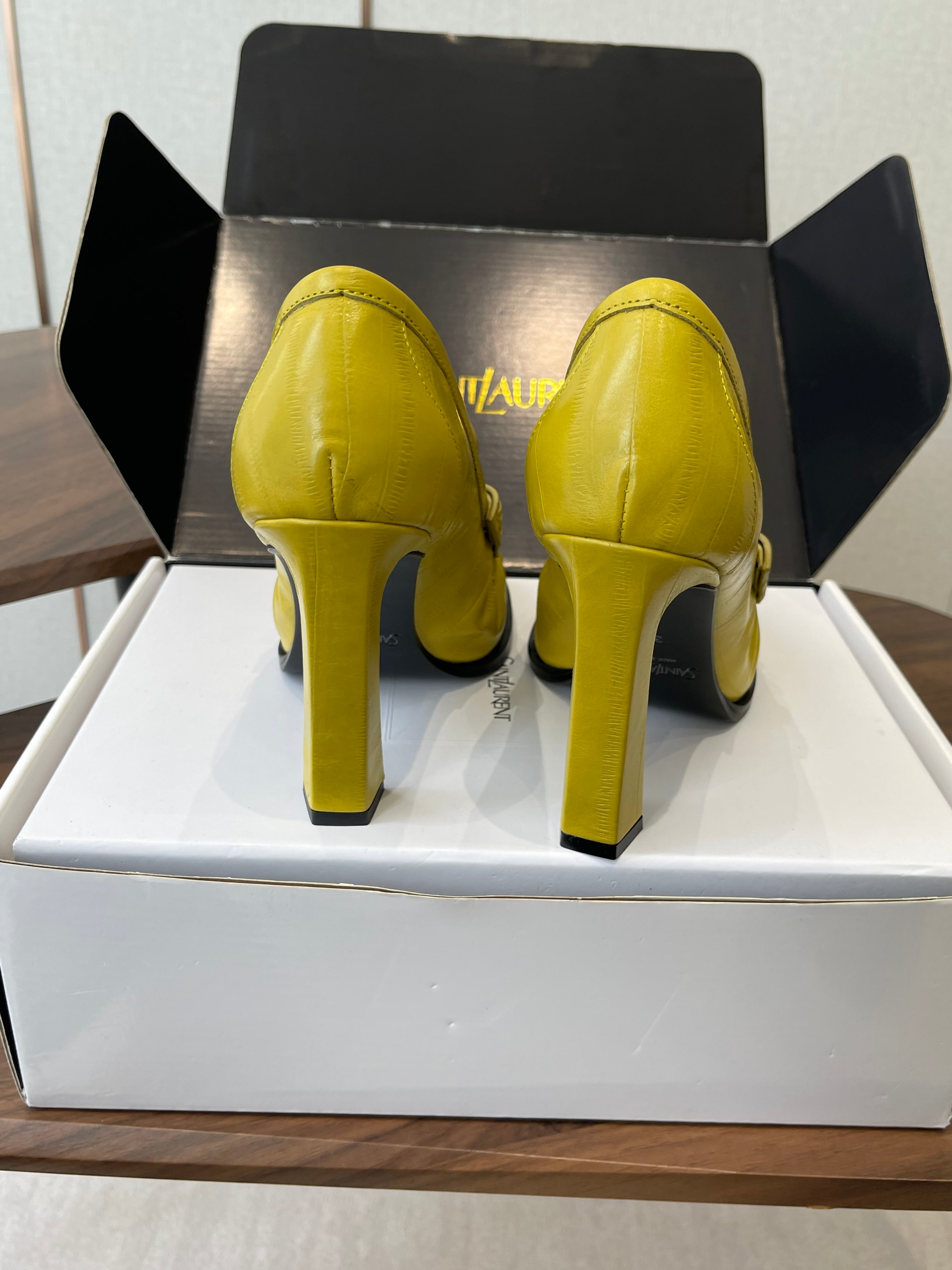 YSL 26S HEELED LOAFERS 100 MM IN YELLOW CALFSKIN