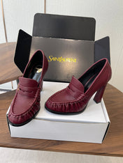 YSL 26S HEELED LOAFERS 100 MM IN DARK RED CALFSKIN