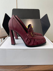 YSL 26S HEELED LOAFERS 100 MM IN DARK RED CALFSKIN