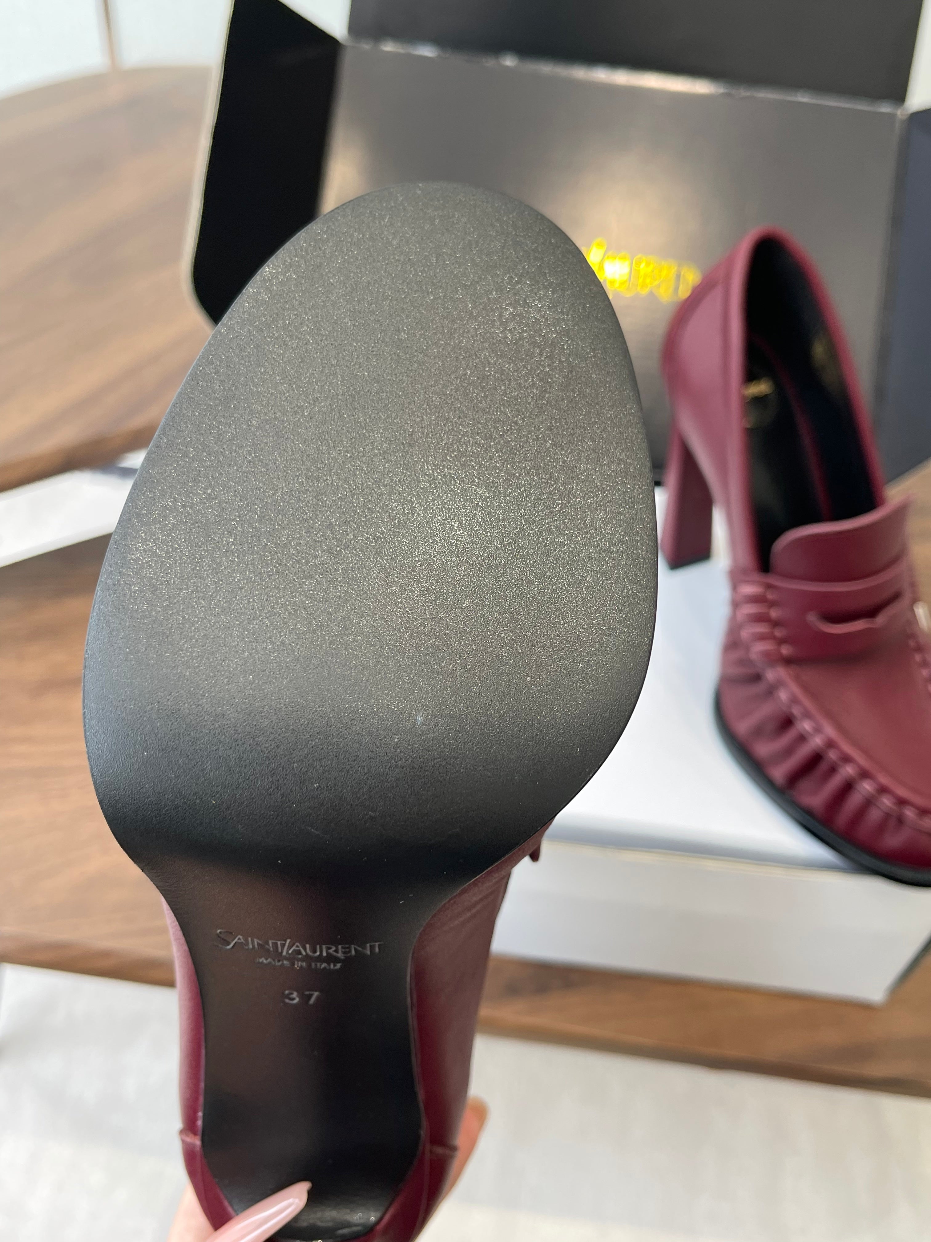 YSL 26S HEELED LOAFERS 100 MM IN DARK RED CALFSKIN
