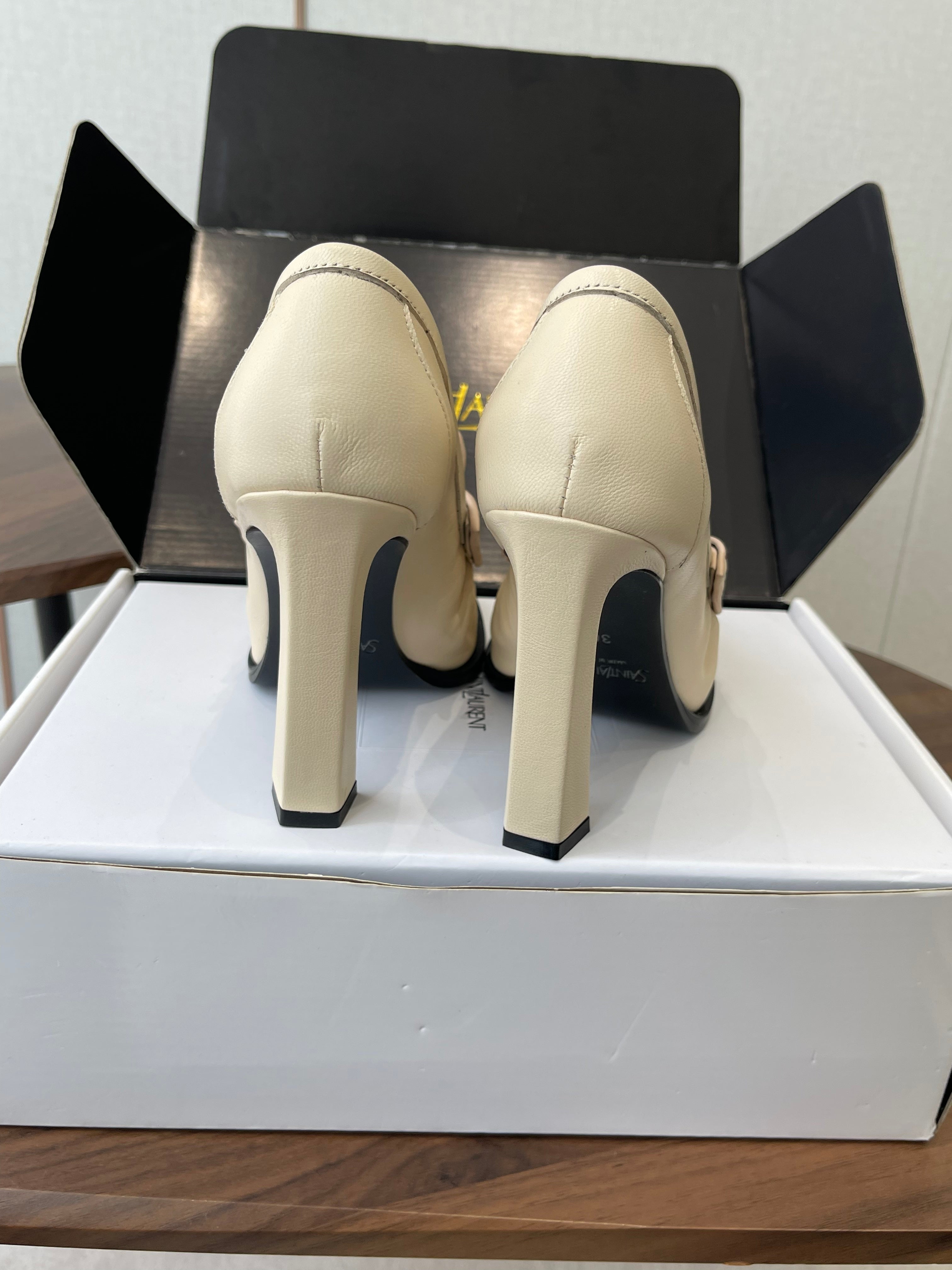 YSL 26S HEELED LOAFERS 100 MM IN SOFT OFF-WHITE CALFSKIN