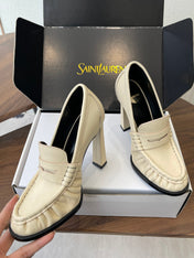 YSL 26S HEELED LOAFERS 100 MM IN SOFT OFF-WHITE CALFSKIN