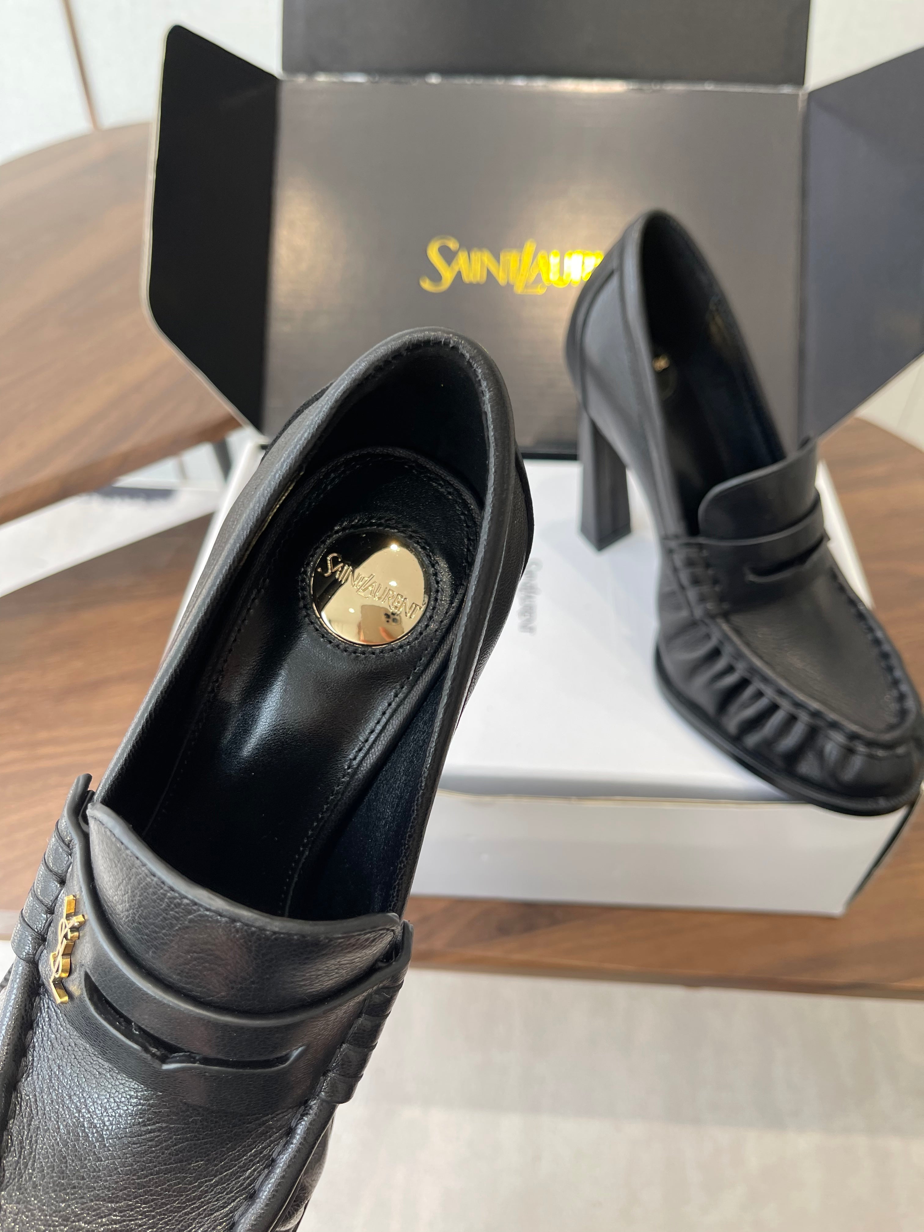 YSL 26S HEELED LOAFERS 100 MM IN BLACK CALFSKIN
