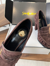 YSL 26S HEELED LOAFERS 100 MM IN WINE BROWN SUEDE