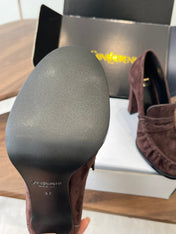 YSL 26S HEELED LOAFERS 100 MM IN WINE BROWN SUEDE