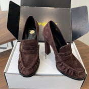 YSL 26S HEELED LOAFERS 100 MM IN WINE BROWN SUEDE