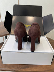 YSL 26S HEELED LOAFERS 100 MM IN WINE BROWN SUEDE