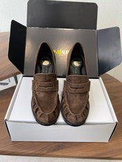 YSL 26S HEELED LOAFERS 100 MM IN DARK BROWN SUEDE