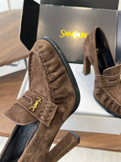 YSL 26S HEELED LOAFERS 100 MM IN DARK BROWN SUEDE