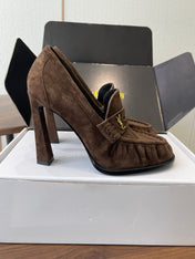 YSL 26S HEELED LOAFERS 100 MM IN DARK BROWN SUEDE