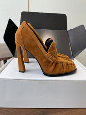 YSL 26S HEELED LOAFERS 100 MM IN BROWN SUEDE
