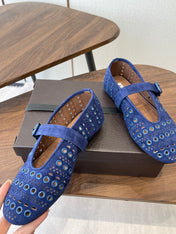 ALAIA 26S MARY JANE FLATS IN DARK BLUE SUEDE