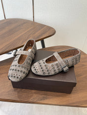 ALAIA 26S MARY JANE FLATS IN GREIGE BROWN SUEDE