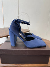 ALAIA 26S SQUARE-TOE HIGH HEELS 95 MM IN NAVY BLUE SUEDE