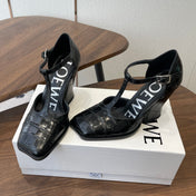 LOEWE 26S ONDA 90MM T-STRAP HIGH-HEEL SHOES IN BLACK EMBOSSED CROCODILE CALFSKIN