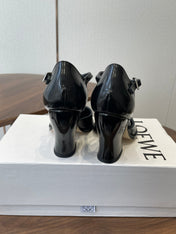 LOEWE 26S ONDA 90MM T-STRAP HIGH-HEEL SHOES IN BLACK GLOSSY CALFSKIN