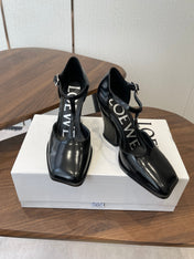 LOEWE 26S ONDA 90MM T-STRAP HIGH-HEEL SHOES IN BLACK GLOSSY CALFSKIN