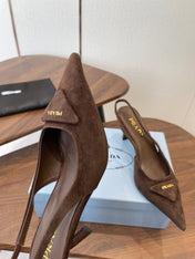 PRADA 26S SLINGBACK PUMPS 75MM IN DARK BROWN SUEDE WITH LOGO