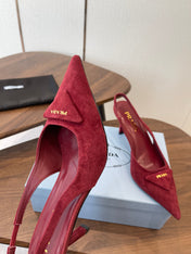 PRADA 26S SLINGBACK PUMPS 75MM IN BURGUNDY RED SUEDE WITH LOGO