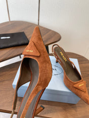 PRADA 26S SLINGBACK PUMPS 75MM IN CARAMEL BROWN SUEDE WITH LOGO