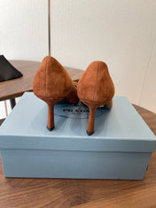 PRADA 26S POINTED TOE HIGH HEELS 75MM IN CARAMEL BROWN SUEDE WITH LOGO