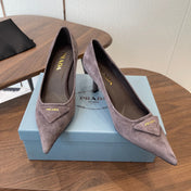 PRADA 26S SLINGBACK PUMPS 75MM IN TAUPE BROWN SUEDE WITH LOGO