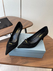 PRADA 26S POINTED TOE HIGH HEELS 75MM IN BLACK SUEDE WITH LOGO