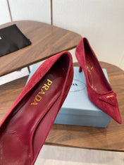 PRADA 26S POINTED TOE HIGH HEELS 75MM IN DARK RED SUEDE WITH LOGO