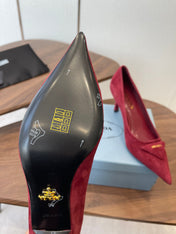PRADA 26S POINTED TOE HIGH HEELS 75MM IN DARK RED SUEDE WITH LOGO