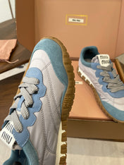 MIUMIU 26S SNEAKERS IN LIGHT GRAY AND BLUE FABRIC AND SUEDE